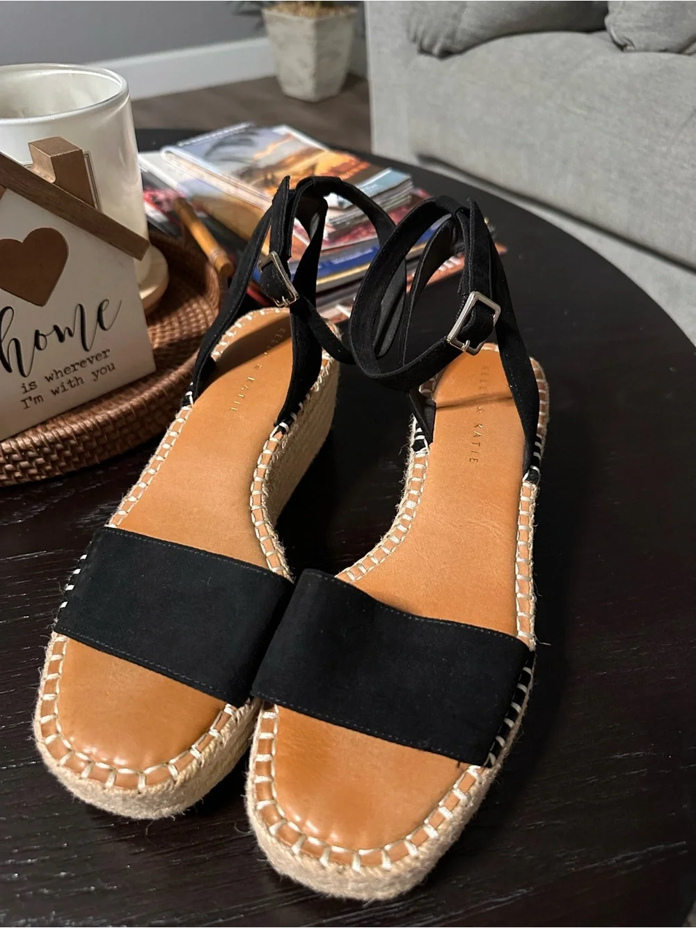 Kelly & Katie Black Espadrille Platform Wedge Sandals Ankle Strap Size 9